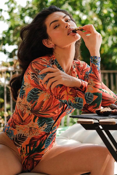 Leaf and Floral Print Front Zip Long Sleeve UPF50+ Rash Guard – Sun Protection & Style